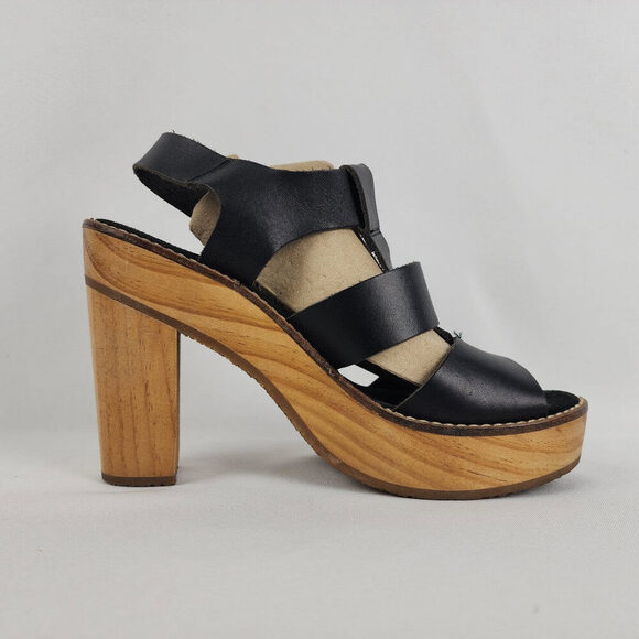 Free People Black Leather Wood Heel Sandals Size 8.5 - Picture 2 of 9